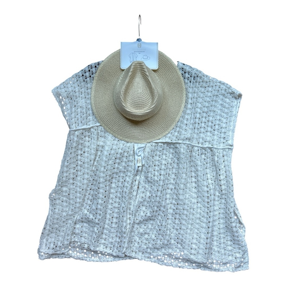 House of Harlow 1960 White Crochet Swim Coverup and matching Panama hat